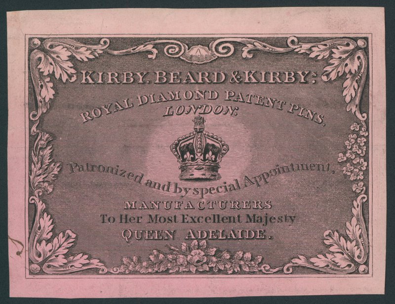 Kirby, Beard and Kirby, épingles brevetées Royal Diamond, carte de visite - English School