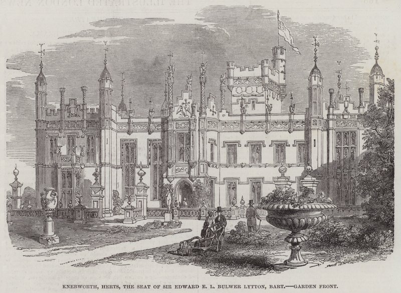 Knebworth, Herts, la résidence de Sir Edward E L Bulwer Lytton, baronnet, façade du jardin (gravure) - English School