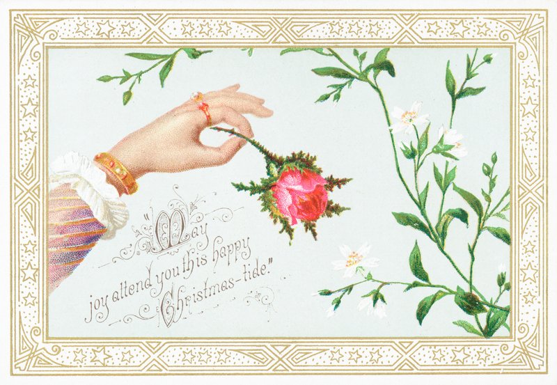 Main de dame tenant une rose, carte de Noël - English School