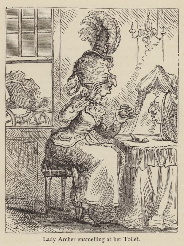 Lady Archer se maquillant à sa toilette (gravure) - English School
