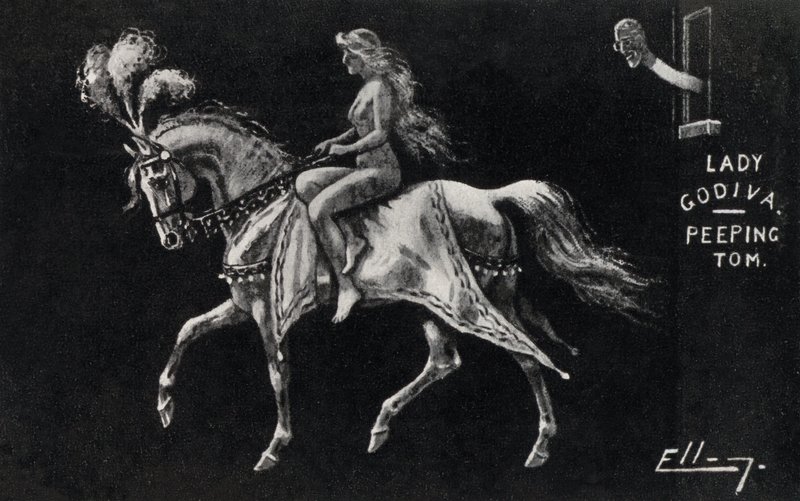 Lady Godiva chevauchant nue à travers les rues de Coventry, observée par un voyeur - English School