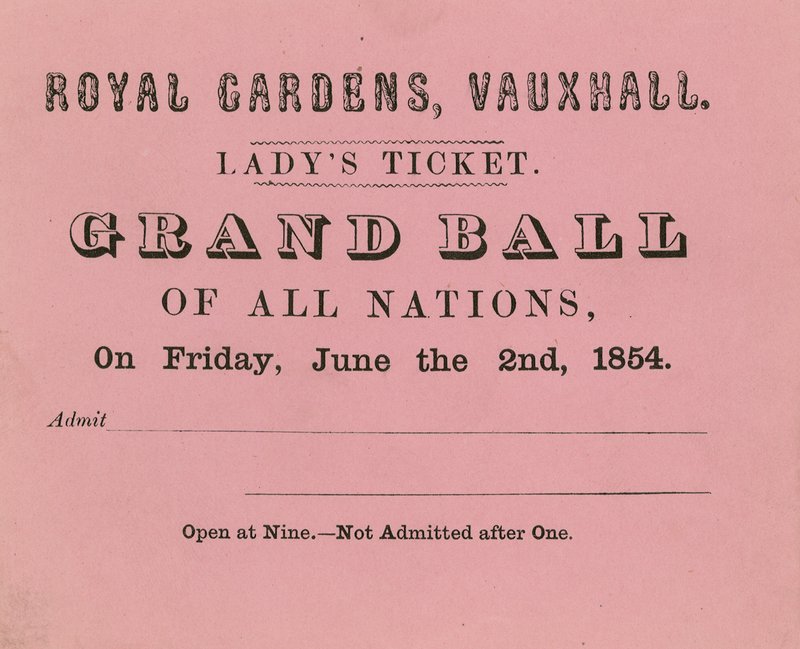 Billet de dame, jardins de Vauxhall, Londres, pour le 2 juin 1854 - English School