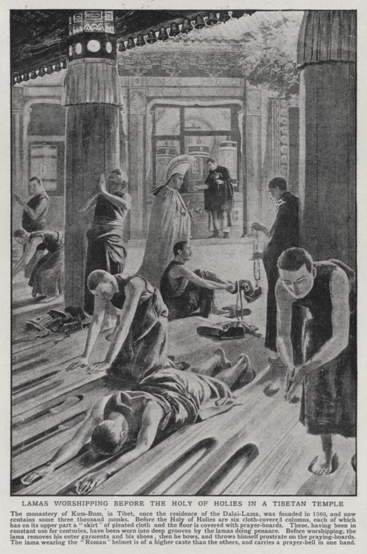 Lamas adorant devant le Saint des Saints dans un temple tibétain (lithographie) - English School