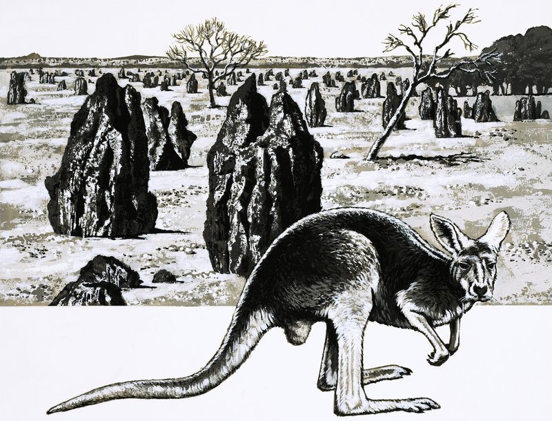 Grandes termitières près de Darwin, Australie, et un kangourou au premier plan - English School