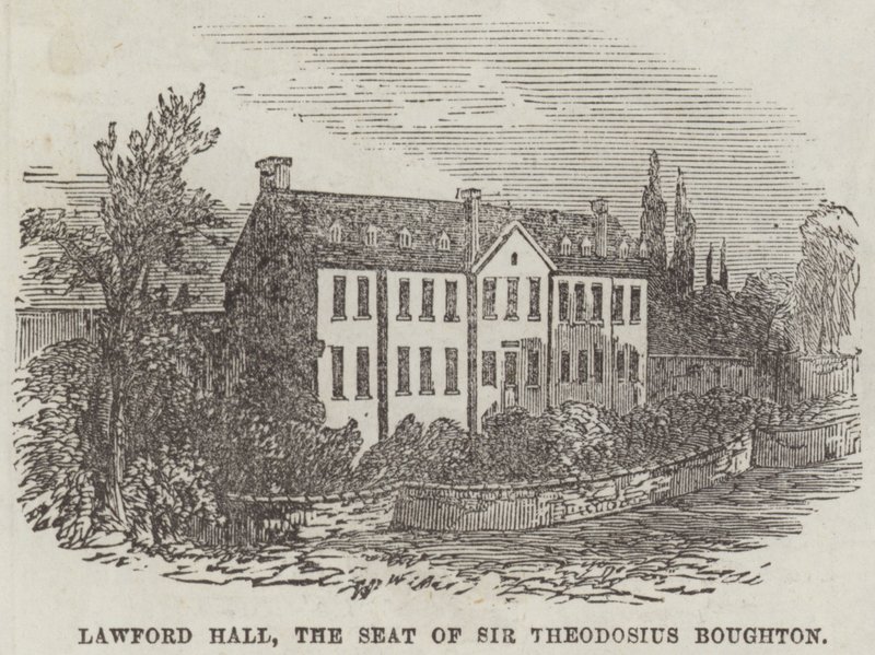 Lawford Hall, la résidence de Sir Theodosius Boughton (gravure) - English School