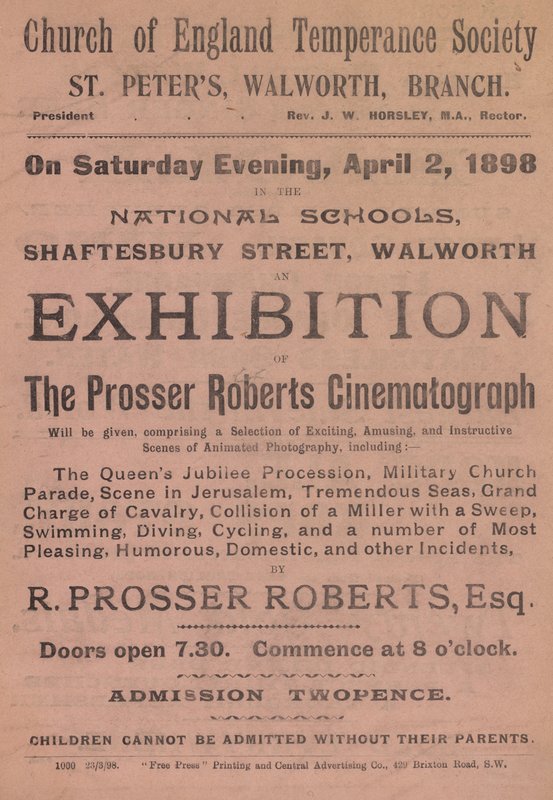 Prospectus publicitaire pour une exposition du Cinématographe Prosser Roberts - English School