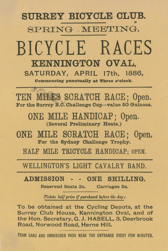 Prospectus publicitaire pour les courses de vélos à Kennington Oval, 17 avril 1886 - English School