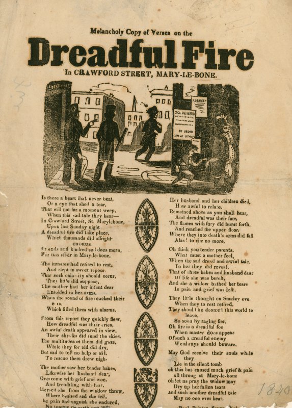 Brochure avec vers concernant un incendie dans Crawford Street, Marylebone, Londres - English School