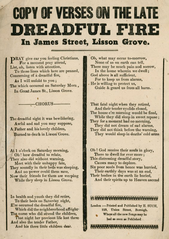 Brochure avec vers concernant un incendie dans James Street, Lisson Grove, Londres - English School