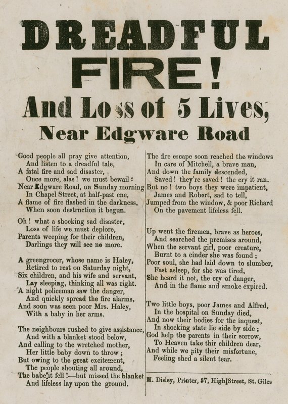 Brochure avec vers concernant un incendie près de Edgware Road, Londres - English School
