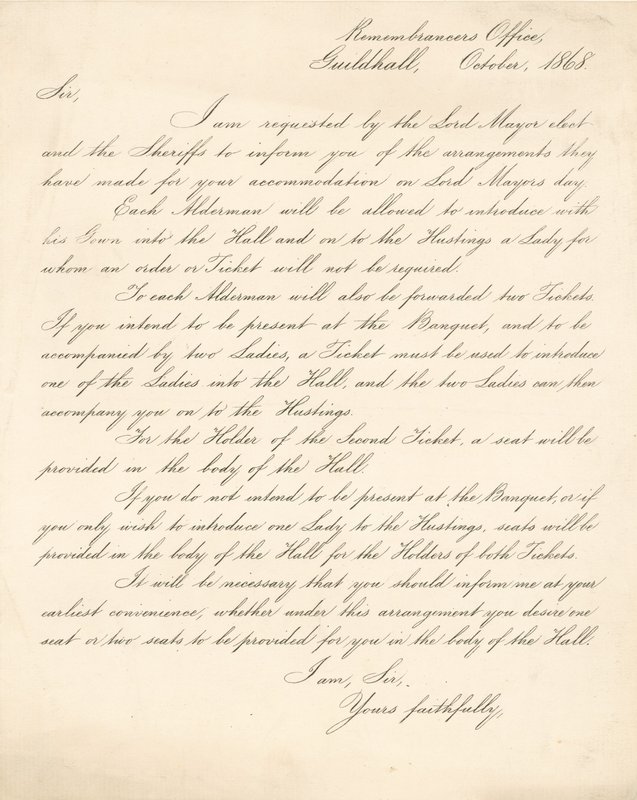 Lettre détaillant les arrangements pour un banquet au Guildhall, Londres, le 9 novembre 1868 - English School