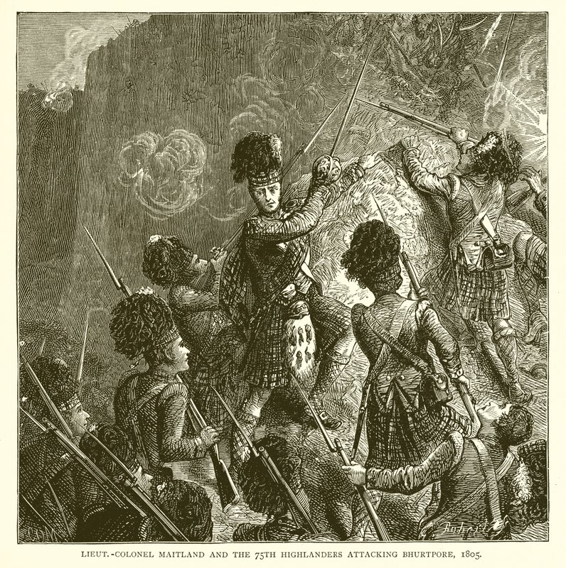 Le lieutenant-colonel Maitland et les 75e Highlanders attaquant Bhurtpore, 1805 - English School