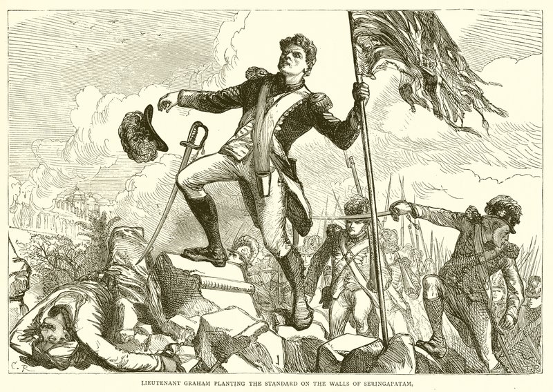 Le lieutenant Graham plantant le drapeau sur les murs de Seringapatam - English School