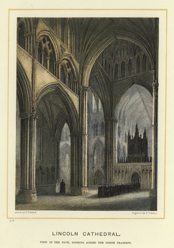 Cathédrale de Lincoln, vue dans la nef, regardant à travers le transept nord - English School
