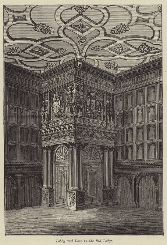 Hall et porte dans le Red Lodge (gravure) - English School