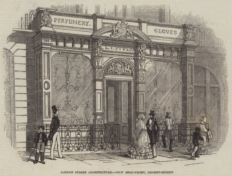 Architecture de rue à Londres, nouvelle devanture de magasin, Regent-Street (gravure) - English School