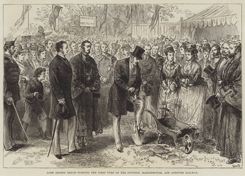Lord Ernest Bruce tournant la première motte de la ligne ferroviaire Swindon, Marlborough et Andover - English School
