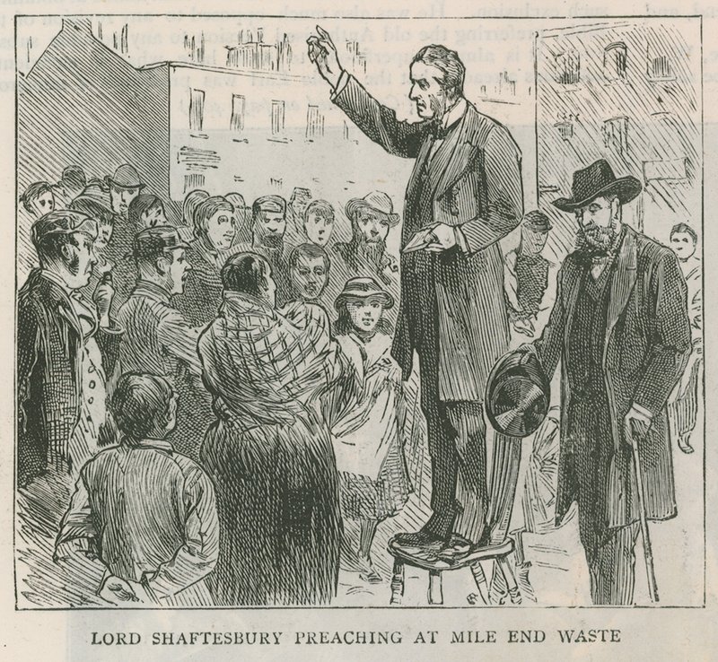 Lord Shaftesbury prêchant à Mile End Waste, Londres - English School