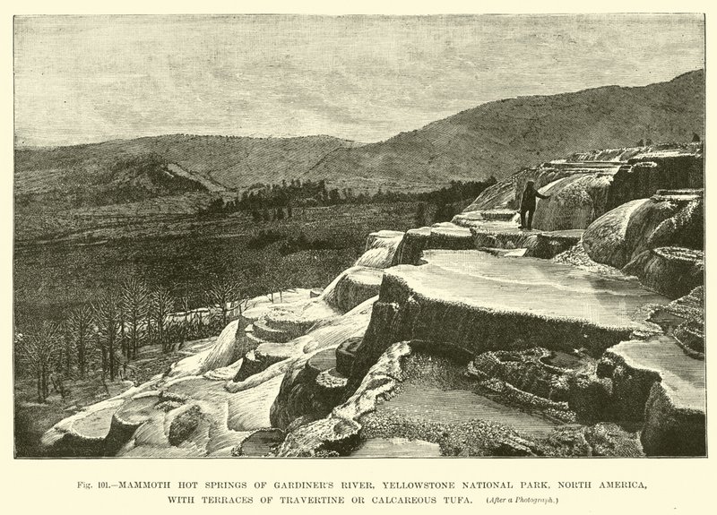 Sources chaudes mammouth de la rivière Gardiners, parc national de Yellowstone, Amérique du Nord, avec des terrasses de travertin ou de tuf calcaire - English School