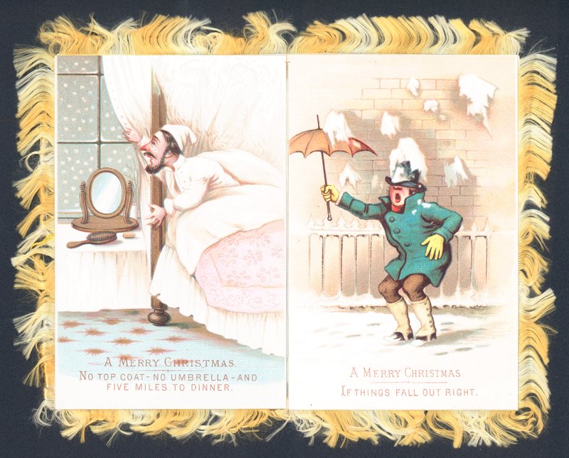 Homme au lit, homme sous la neige tombante, carte de Noël - English School