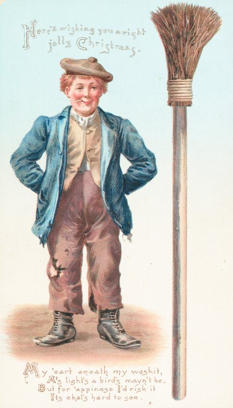 Homme avec balai et cigarette, Carte de Noël - English School