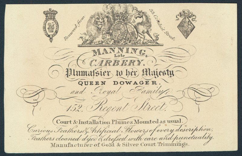 Manning, anciennement Carnery, plumassier, carte de visite - English School