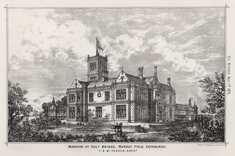 Manoir à Colt Bridge, Murray Field, Édimbourg (gravure) - English School
