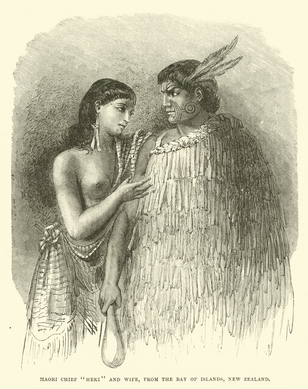 Chef maori Heki et sa femme, de la baie des Îles, Nouvelle-Zélande - English School