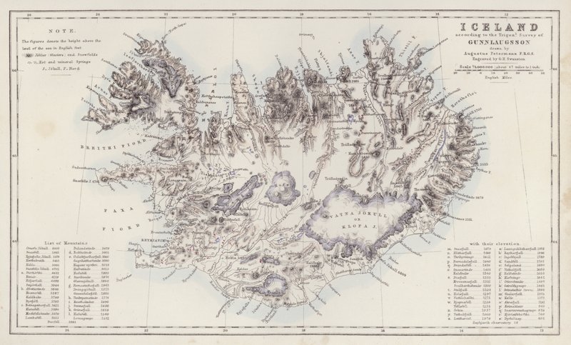Carte : Islande, selon le Trigon Survey de Gunnlaugsson dessiné par Augustus Petermann - English School