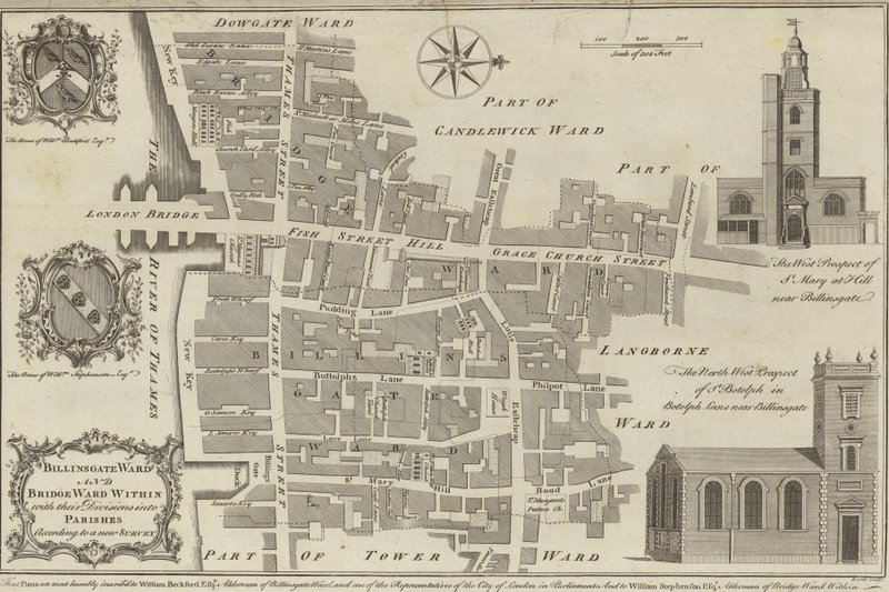 Carte des quartiers de Billingsgate et Bridge, Londres - English School