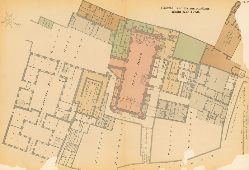 Carte du Guildhall, Londres, et des environs vers 1750 - English School