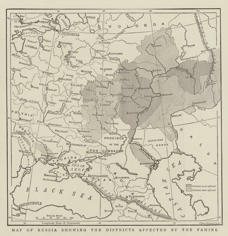 Carte de la Russie montrant les districts affectés par la famine - English School