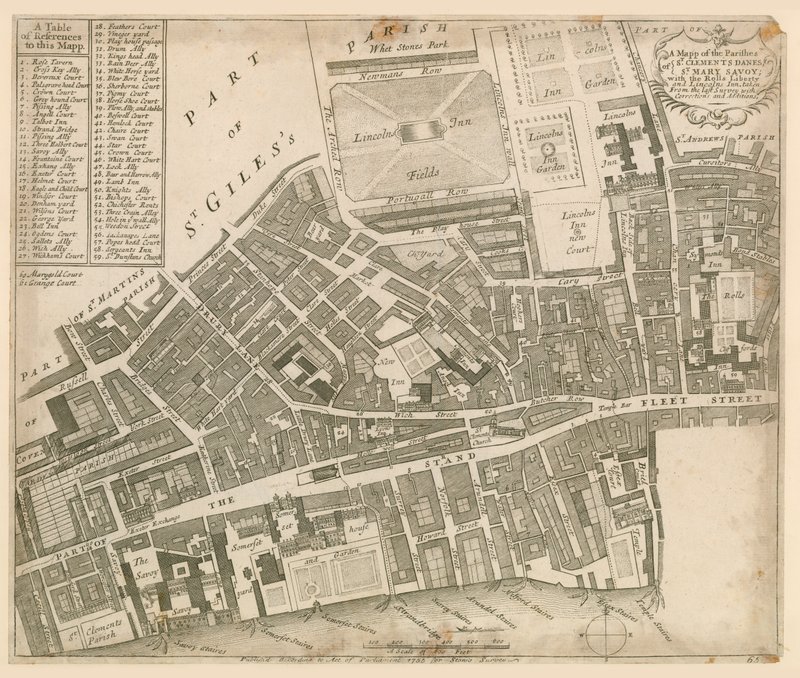 Carte de St Clements Danes et St Mary Savoy, Londres, avec Rolls Liberty et Lincolns Inn - English School