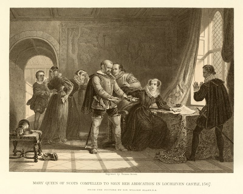 Marie Stuart contrainte de signer son abdication au château de Lochleven - English School