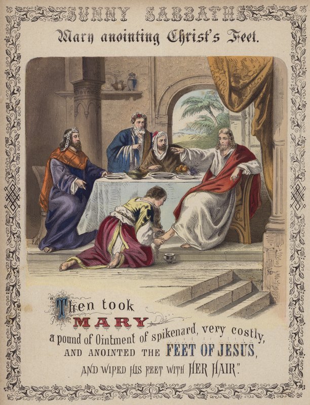 Marie oint les pieds du Christ (gravure en couleur) - English School