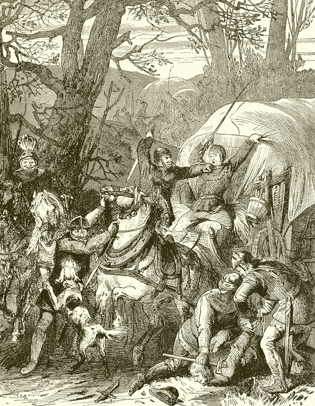 Coutumes médiévales : chevaliers brigands attaquant une caravane de marchands - English School