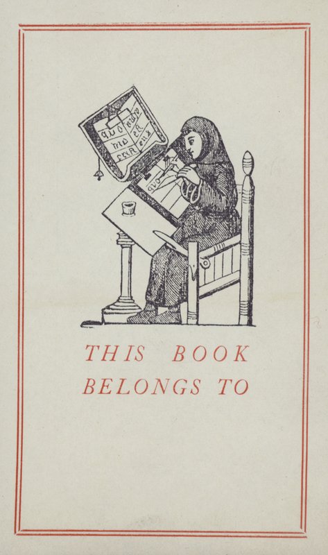 Scribe médiéval travaillant sur un manuscrit, étiquette de propriété de livre - English School