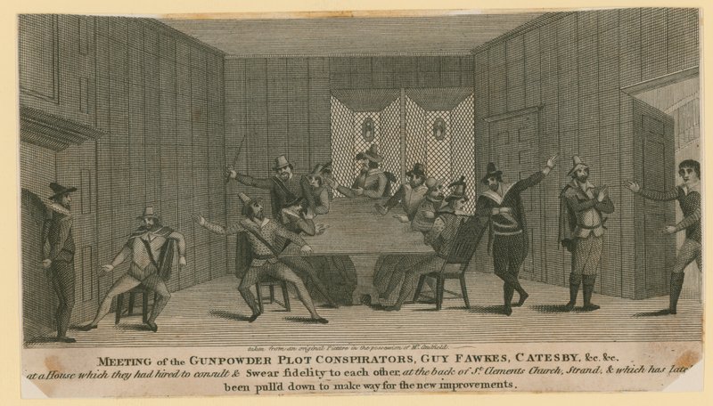 Réunion des conspirateurs du complot des poudres, Guy Fawkes, Catesby, etc. - English School