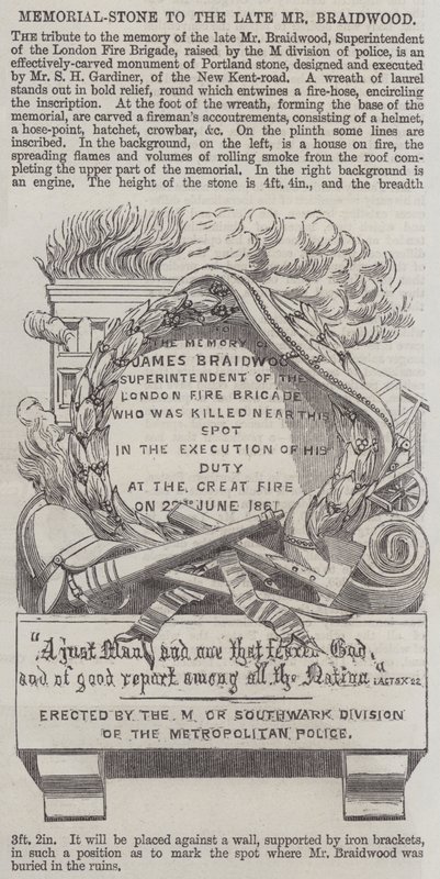 Pierre commémorative pour feu M. Braidwood (gravure) - English School