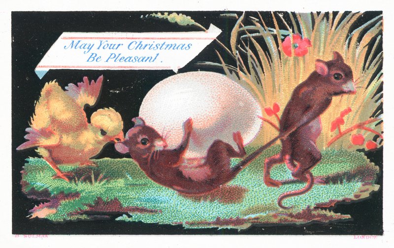 Souris, poussin et œuf, carte de Noël - English School