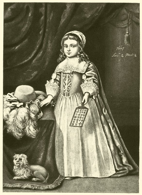 Miss Campion, tenant un livre de corne (gravure) - English School
