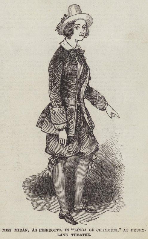 Mlle Miran, en Pierrotto, dans "Linda de Chamouni," au théâtre Drury-Lane (gravure) - English School