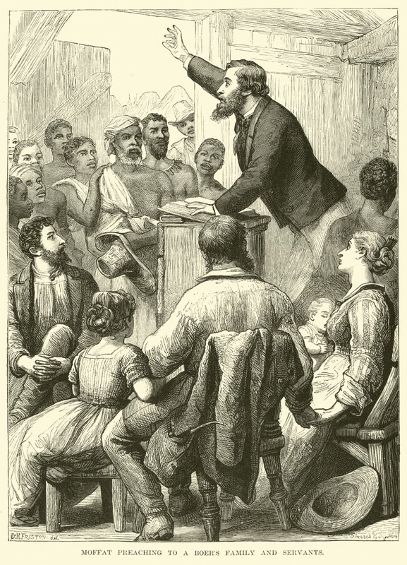 Moffat prêchant à une famille de Boers et à leurs serviteurs - English School