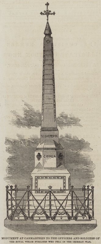 Monument à Carmarthen aux officiers et soldats des Royal Welch Fusiliers tombés pendant la guerre de Crimée (gravure) - English School