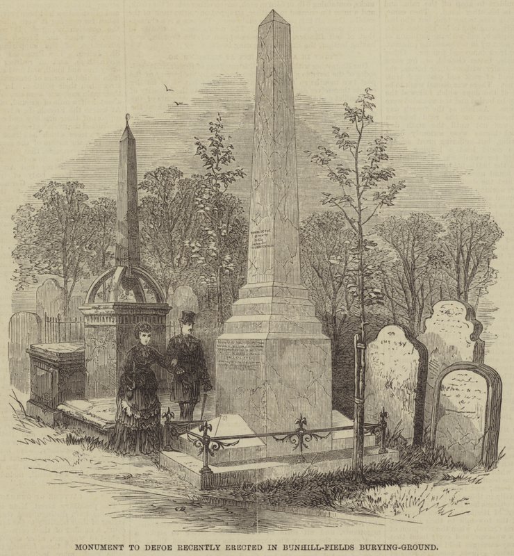 Monument à Defoe récemment érigé dans le cimetière de Bunhill-Fields (gravure) - English School