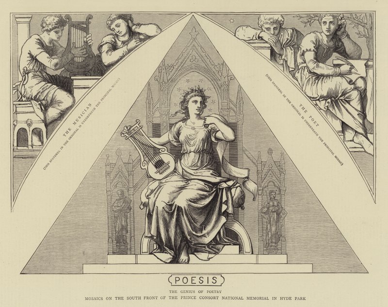 Mosaïques sur la façade sud du Mémorial national du Prince Consort à Hyde Park (gravure) - English School