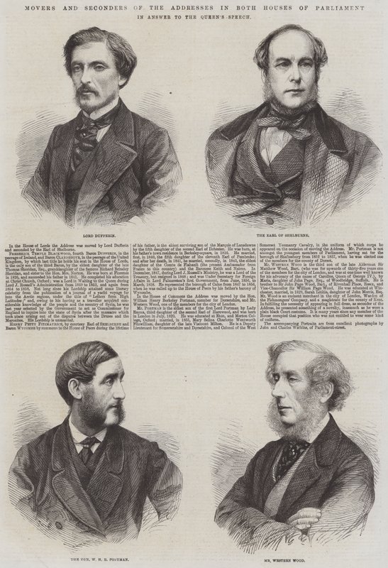 Proposeurs et seconds des adresses dans les deux chambres du Parlement, en réponse au discours de la Reine (gravure) - English School