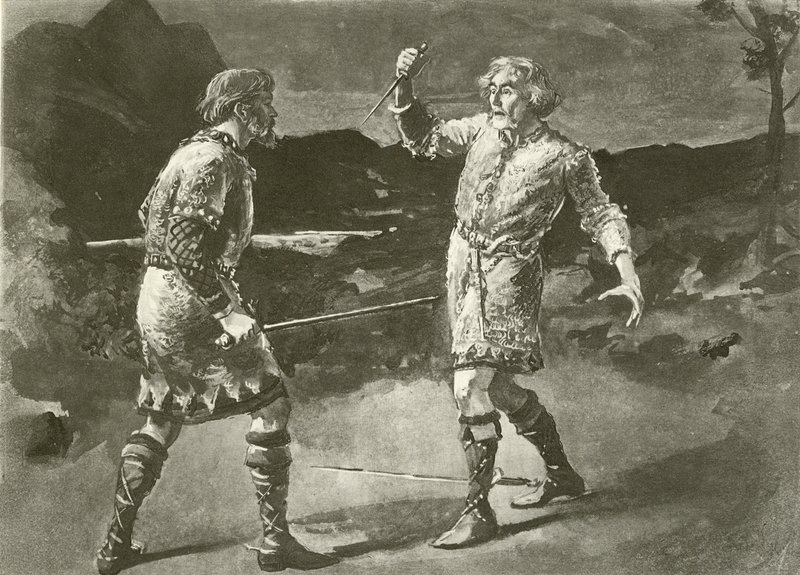 M. Alexander en Macduff et M. Irving en Macbeth (gravure) - English School