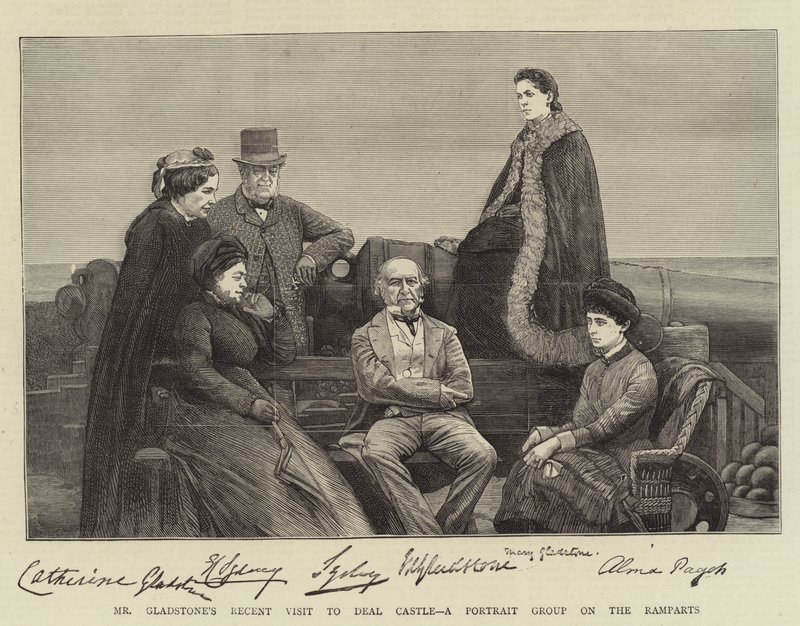 La récente visite de M. Gladstone au château de Deal, un groupe de portraits sur les remparts (gravure) - English School