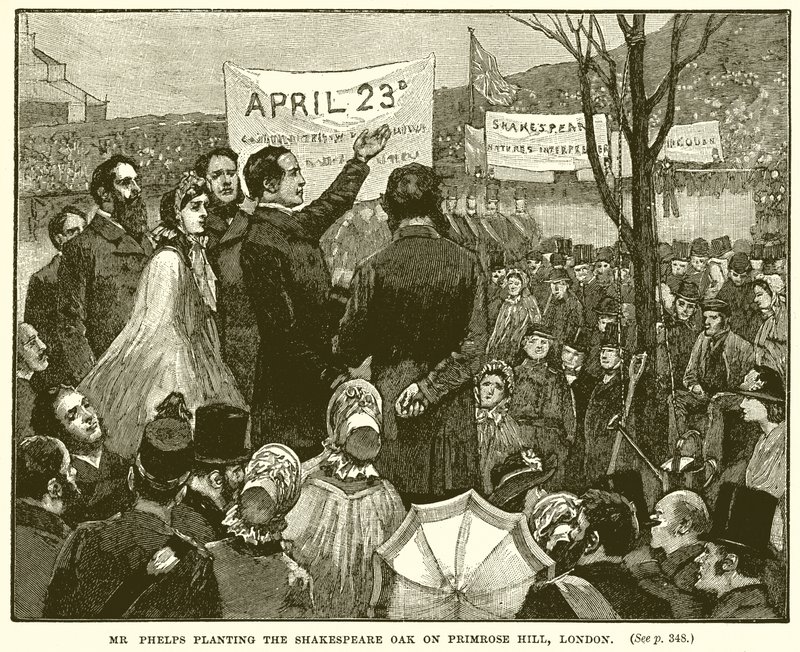 M. Phelps plantant le chêne de Shakespeare sur Primrose Hill, Londres - English School